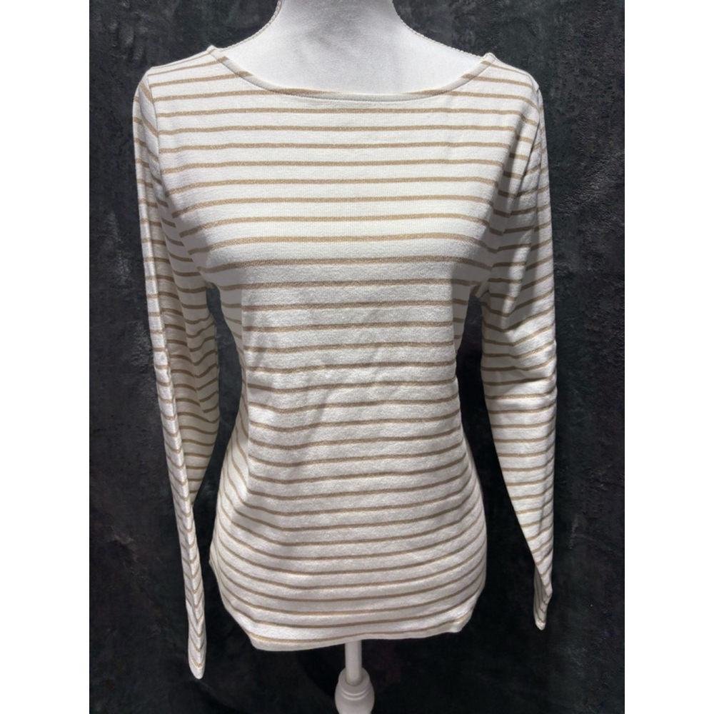 NWT J. Crew White & Metallic Gold Striped LS Ribbed Knit Boatneck Top Size XL - Picture 2 of 7